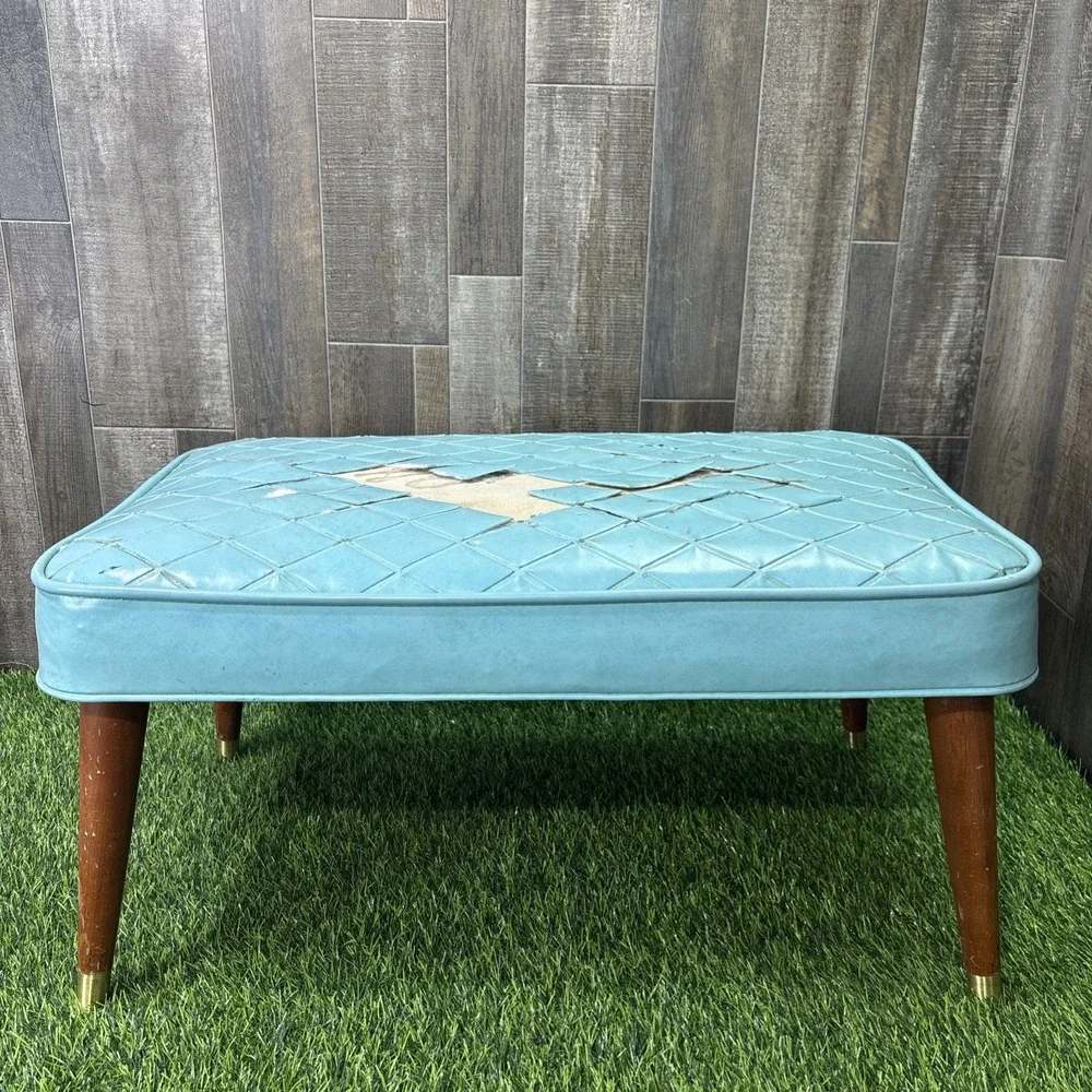 Vintage MCM Vinyl Bench Ottoman Blue Diamond Tufted Needs Repair